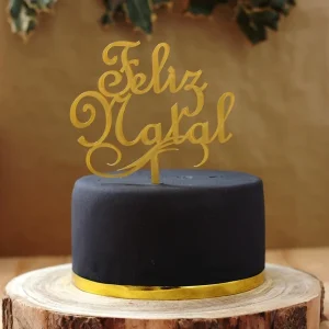 Topo de Bolo Acrílico "Feliz Natal" Dourado