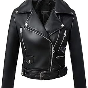 DTKJ Jaqueta feminina de couro sintético curta com zíper e zíper, jaquetas de couro PU macio com cinto, roupa de exterior com lapela preta