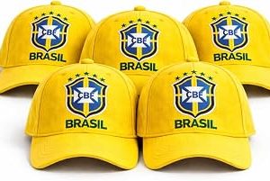 Kit 5 Bonés Brasil com Bordado CBF, Unissex, Ajustável, Aba Curva, Amarelo, Futebol Seleção Brasileira