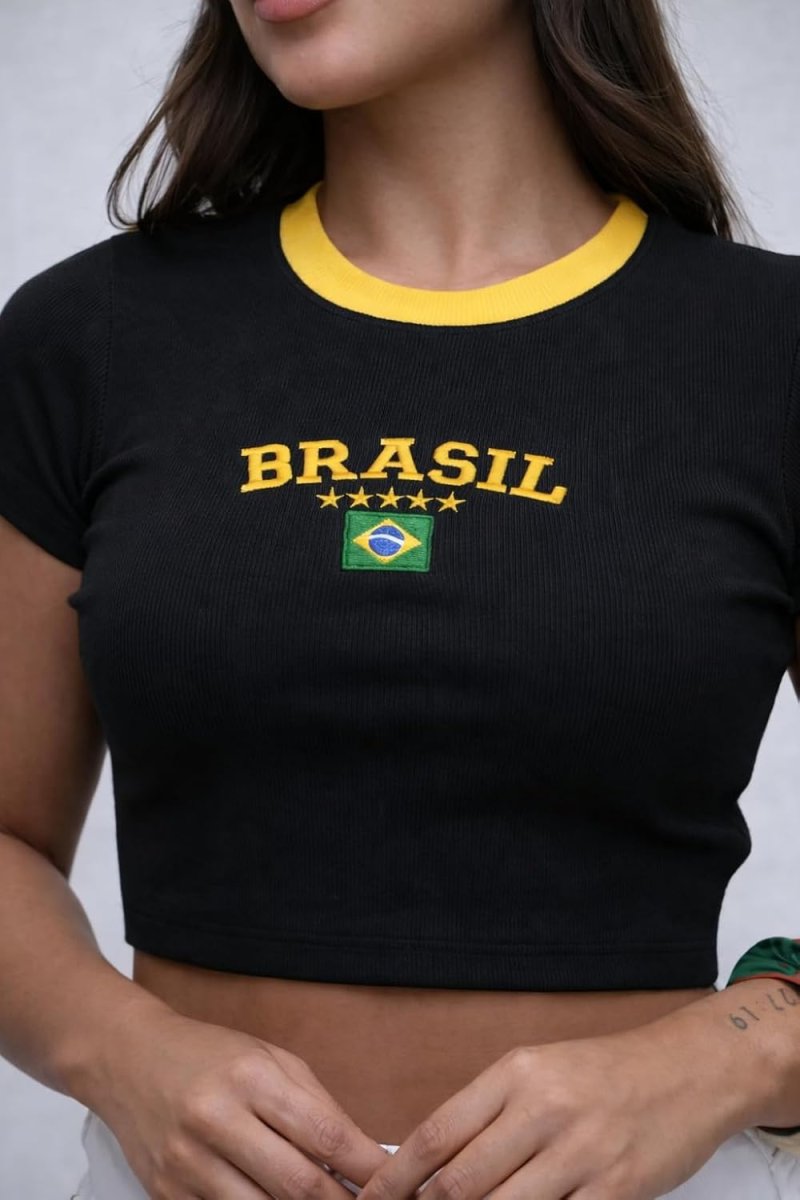 Camisa Do Brasil Feminina Cropped Canelado Bordado Premium Tamanho Único 36 Ao 44 – Para Copa/Eleição Jogos Eventos Esportivos E Comemorações - Image 3