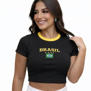 Camisa Do Brasil Feminina Cropped Canelado Bordado Premium Tamanho Único 36 Ao 44 – Para Copa/Eleição Jogos Eventos Esportivos E Comemorações