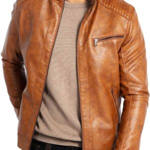 WULFUL Jaqueta masculina de couro com gola alta para motocicleta, leve, de couro sintético