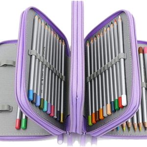 Hztyyier Estojo Oxford de grande capacidade, quatro camadas, 72 compartimentos, organizador de lápis de cor, suporte portátil para guardar lápis com alça (roxo)