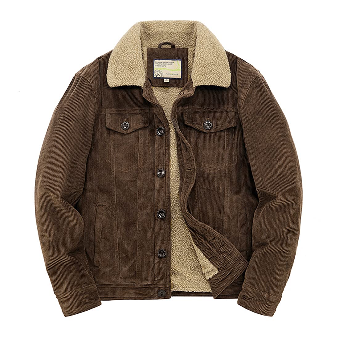 utcoco Jaqueta masculina vintage de lã de ovelha forrada de veludo cotelê, jaqueta de caminhoneiro com lapela e botões espessos de inverno - Image 3