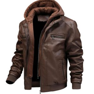 FTIMILD Jaqueta masculina de couro com capuz removível à prova d’água, jaqueta bomber com vários bolsos