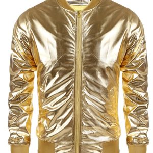 COOFANDY Jaqueta bomber de beisebol masculina metálica dos anos 70 para festa discoteca com botão e zíper